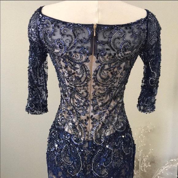 Mac Duggal couture blue sleeve lace gemstone gown - Picture 6 of 8